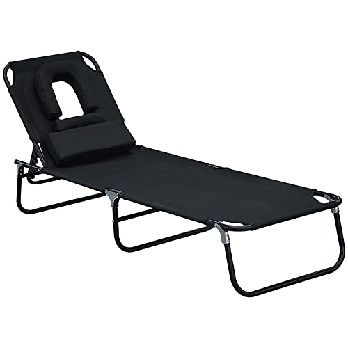 HOMCOM Transat de Jardin Chaise Longue Pliante Bain de Soleil pour Lecture Noir