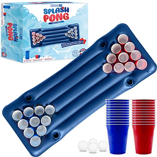 Splash Pong® | Table Beer Pong Gonflable Officielle + 22 Cups (11 Rouges & 11 Bleus) + 4 Balles | Kit Complet | Matelas Gonflable | Qualité Premium | Pool Party | Jeu d'Été | Plein Air | OriginalCup®
