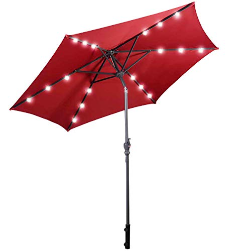DREAMADE Parasol Inclinable de Jardin en Fer et Polyester 2,7M avec Manivelle Rotative 18 Lampes à LED Panneau Solaire de 1,5W Rouge Vineux Beige Brun (Rouge Vineux)