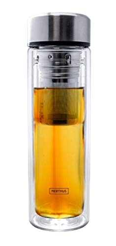 Nerthus FIH 664 filtrante 350 ML, isolée grâce à sa Double paroi, Bouteille infuseur, Flacon, Tasse de Voyage, théière, 0,35 l, Verre, Transparent