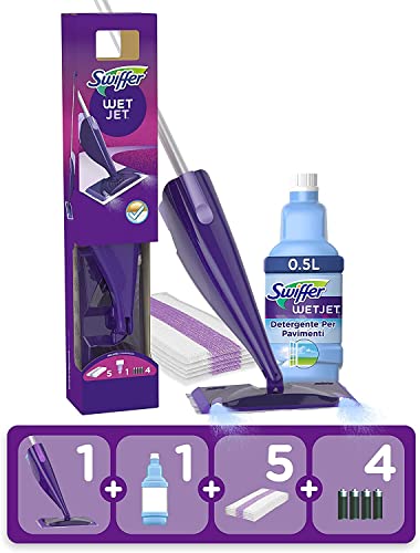 Swiffer WetJet Complet Balai Kit, 5 Lingettes + 1 Nettoyant Liquide + 2 Piles, Lingette Retient la Poussière et la Saleté