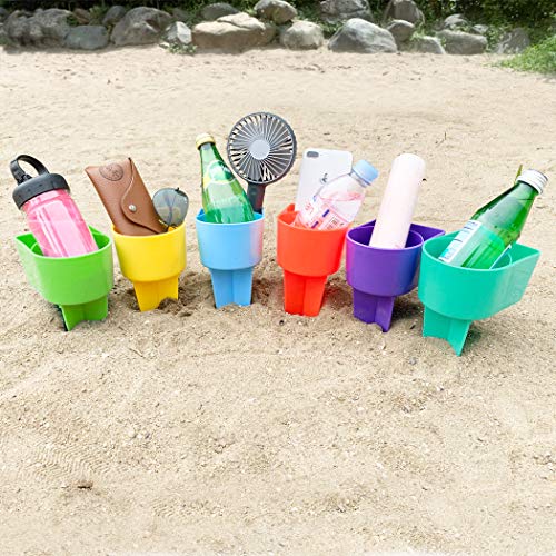 Home Queen Lot de 6 porte-gobelets de plage avec poche, porte-gobelet de sable multifonction pour boisson téléphone lunettes de soleil Bleu, bleu sarcelle, violet, vert, orange, jaune.