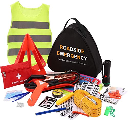 Sailnovo Kit d'urgence Auto Kit Securite Voiture Kit De Secour Auto Multifonctionnel Européenne 76 en 1 avec Gilet d'urgence pour Voiture, câbles de démarrage, Corde de remorquage, Triangle etc