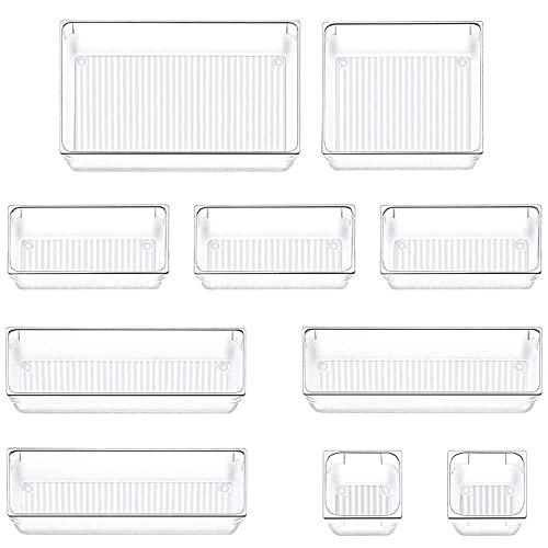 Evance Organisateur Maquillage Lot de 10, Plateaux de Rangement Plastique Boîte Stockage, Organiseurs de Tiroir pour Cosmétiques, Bureau, Cuisine (Transparent)