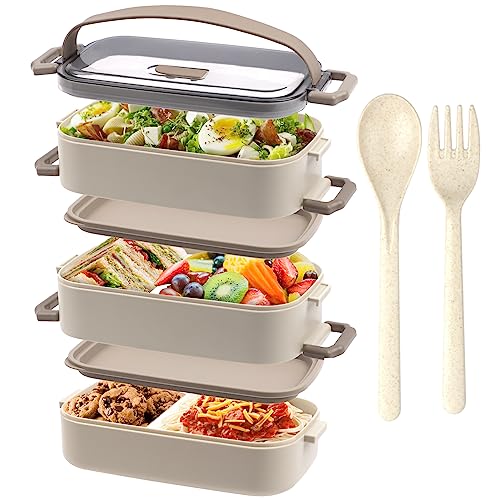 OITUGG Lunch Box 3 Couches - Bento Lunch Box 2200ml - Lunchbox avec 3pc compartimentée réglables - Boite Bento avec Couverts - Lunch Box Adulte - Lunch Box Micro Ondable, sans BPA,19.5x11.2x15cm,Beige