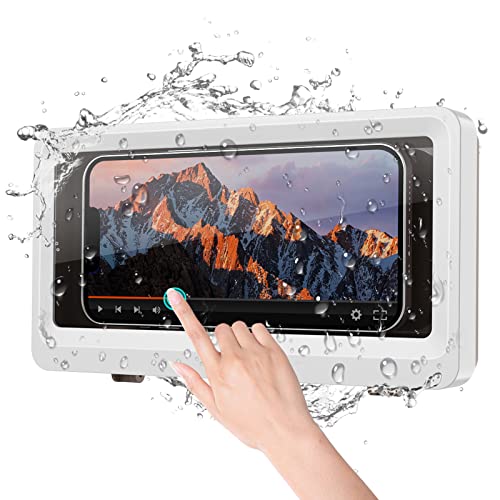 MoKo Support de Téléphone 6,8" pour Douche, Étui Téléphone Mural avec Écran Tactile+Autocollants Muraux pour iPhone 14/13 Mini/13/13 Pro/13 Pro Max, iPhone SE 3 2022, iPad 9/Mini 6 - Blanc & Chocolat