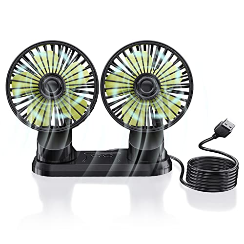 Ymenow Ventilateur de Voiture 5V à Double Tête, Ventilateur de Véhicule USB Portable, Rotation à 360 Degrés, Ventilateur de Bureau Avec 3 Vitesses de Vent Fort pour Tableau de Bord de Voiture, Maison