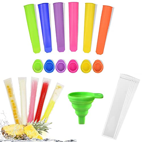 6Pcs Silicone Popsicle Mold 50Pcs Ice Popsicle Mold Bags 1 Entonnoir, Réutilisable Ice Pop Mould pour Le Yogourt Fermeture Éclair avec Joints Viens Entonnoir Télescopique