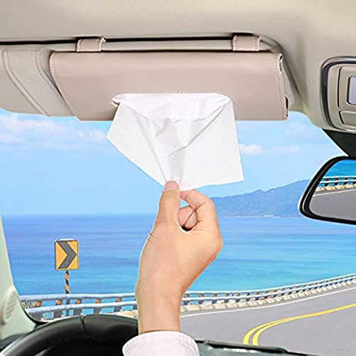 seOSTO Boîte de Mouchoirs pour Pare-Soleil de Voiture, Voiture en Cuir Accessoires De Pare-Soleil Porte-Papier Mouchoir Clip, Conteneurs de Stockage de Mouchoirs en Cuir (Beige)