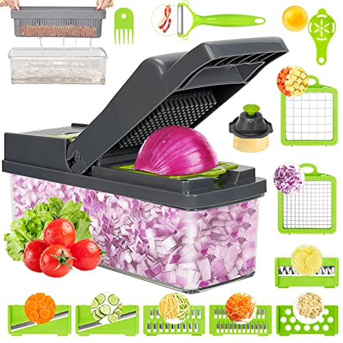 Mandoline Coupe Légumes Multifonctions 14 en 1, Coupe Légumes Manuel avec Séparateur d'œuf,Mandoline de Cuisine Professionnelle avec panier de vidange