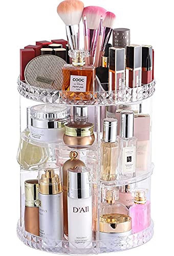 Cq acrylic Organiseur de maquillage rotatif à 360 degrés pour salle de bain, 4 niveaux réglables, motif losanges, boîte de rangement et présentoir de maquillage, transparent