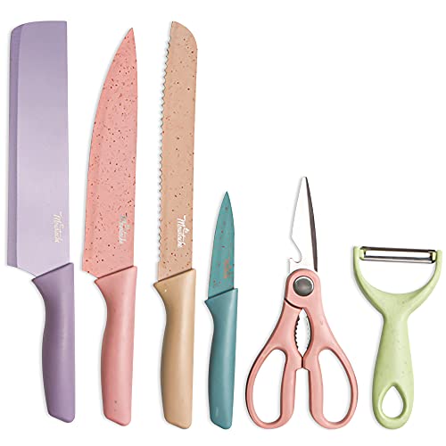 La Moustache - Ensemble de Couteaux de Cuisine Professionnels - Ciseaux - Épluche-légumes - Antiadhésif - Inoxydable - Sans Risque de Contamination - Manche Ergonomique (Multicolore)