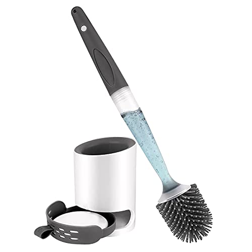 Brosse WC Silicone avec Distributeur de Savon, Montage Mural/Debout sans Perçage Brosse de Nettoyage avec Support pour Salle de Bain
