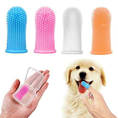 Bileumec Brosse à dents pour chien, kit brosse à dents doigt (paquet de 4), poils entièrement enveloppés, dents faciles à nettoyer, soins dentaires pour chiots, chats et petits animaux de compagnie