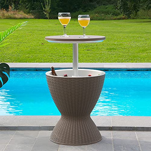 SKYLANTERN Table Glacière 30 L avec Plateau relevable - Table de Jardin Extérieur avec Bassine à Glaçon pour Boissons Fraîches - Table d'Appoint Hauteur Réglable Effet Rotin
