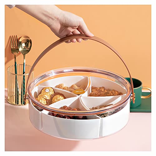 Plateau de service transparent divisé avec couvercle et poignée, plateau rond portable en plastique pour bonbons, apéritifs, collations, fruits secs, noix, légumes, fête