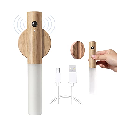 LANMOU Applique Murale en Bois Rechargeable USB avec Détecteur de Mouvement, Intérieur Appliques Murales à Batterie Sans Fil Blanc Chaud avec Interrupteur, Lampe de Chevet Chambre Magnétique à Piles