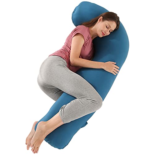 SHANNA Coussin de Grossesse pour Dormir, Coussin d'allaitement en Forme de J, Oreiller de Grossesse, 100% Coton Oreiller de Soutien du Corps pour Maintenir Hanches, Votre Dos, Jambes et Ventre, Cyan