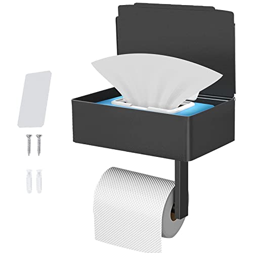 GUIGUZI Porte Papier Toilette Support Mural en Noir, Acier Inoxydable Porte Rouleau avec étagères Spacieuses, Porte Rouleau Papier Toilette Mural pour Toilettes et Cuisines