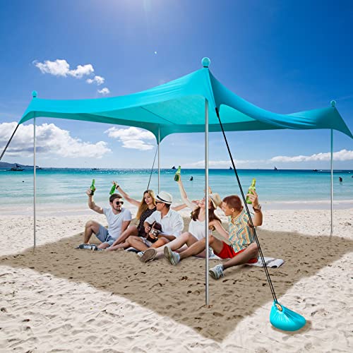 Tente de Plage Anti UV UPF50+, DIKI 2,1m x 2,1m Sunshade portative d'auvent avec 4 Pièces Poteaux en Aluminium, 4 ancrages de Sac de Sable, Abri Extérieur pour la Plage, Camping ou Pique-Niques