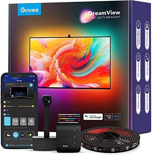 Govee TV Rétroéclairage LED WiFi avec Caméra, Smart Ruban LED 5m RGBIC, Bande LED Compatible avec Alexa et Google Assistant, Contrôle App pour TV 75-85 Pouces et PC, Mode Musique, DreamView T1