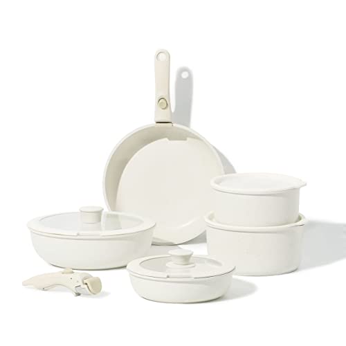 CAROTE Lot de 11 Casseroles et Poêles, Poêle à Frire 20 cm/26 cm, Casserole 18 cm/20 cm, Sauteuse 26cm, Induction, Poignée Amovible, Revêtement Antiadhésif, Couvercles Antiprojections + Hermétiques