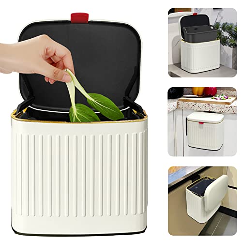 Poubelle à compost de cuisine avec couvercle, petite poubelle amovible en acier inoxydable pour comptoir, poubelle murale pour armoire, sous évier, salle de bain (4 L, blanc ivoire)