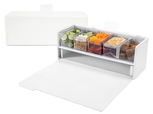 Prepdeck Mini station de préparation et de stockage de recettes – Nouveau design compact, 8 conteneurs en 4 tailles + marquages de mesure + couvercles hermétiques, planche à découper de luxe, support