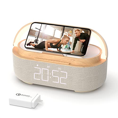 COLSUR Radio Reveil Digital avec Chargement sans Fil, Multifonctionnel Radio FM avec Port de Chargement USB, Réveil Matin Enceinte Bluetooth, Affichage LED, Lampe avec Support de Téléphone Portable