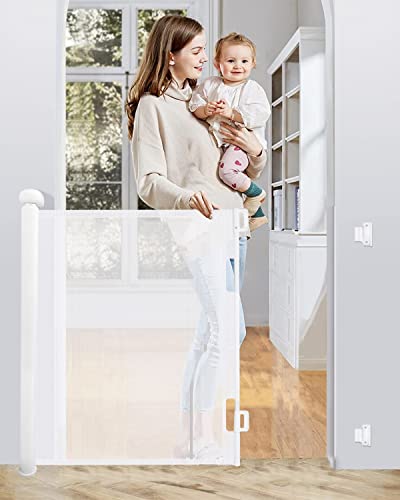 Gemokrt Barriere de Securite Retractable 0-140cm, Barriere de Securite Enfant Extensible, Barriere Chien Opération à Une Main, pour Escaliers, Couloirs, Cuisine, Intérieur et Extérieur, Blanc