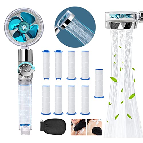 Fresion Pommeau Douche Anti Calcaire - Pommeau de Douche Economie Deau, Douche Helice Haute Pression Pivotant à 360 °, Avec gant exfoliant / 9 cotons PP remplaçables et boutons de commutation