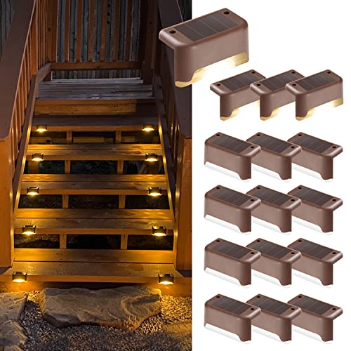Lot de 16 lampes solaires d'extérieur pour escalier - Étanche - Éclairage LED pour escalier extérieur, marches, clôture, cour, terrasse, gouttière, chemin, décoration, blanc chaud
