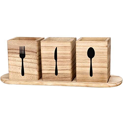 Lot de 4 porte-ustensiles pour comptoir avec plateau en bois pour cuillère et fourchette, porte-couverts pour cuisine (marron)