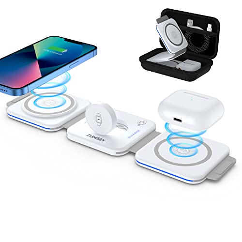 ZUMSEY Chargeur Induction Pliable, 3 en 1 Magnétique Chargeur sans Fil pour iPhone 14 13 12 11 Pro Max/Mini/XR, Station de Charge pour Apple Watch 8/7/6/SE/5/4/3/2, AirPods Pro/2/3 avec Adaptateur
