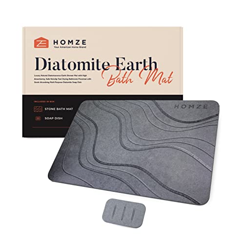 HOMZE Tapis de bain en pierre, tapis de douche en terre de diatomée naturelle avec haute absorption, sûr, antidérapant, séchage rapide, avec porte-savon en diatomite à absorption rapide Gris