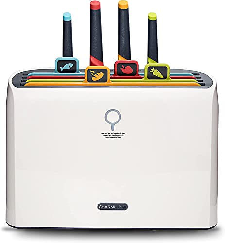 Charmline Planche à découper, planche à découper, outil de cuisine, support de séchage avec 4 planches à découper, 4 couteaux…