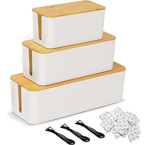 SENENQU Lot 3 Boîte Cache Câble, Grand Boîte de Rangement Câbles Electriques avec Bois Couvercle, Boite Cache Multiprise pour Protection de Câble et Prise Electriques-Blanc