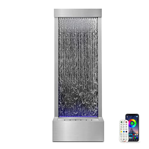 LONGRUN Bluetooth APP Fontaine à Cascade en Miroir pour l'intérieur,Fontaine de 48 Pouces avec 7 Couleurs de lumièr, Grande Fontaine de Cascade pour Usage intérieur et extérieur - Argent