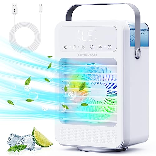Climatiseur Mobile Silencieux, LIPONTAN 5 en 1 Refroidisseur d'air Climatiseur Portable avec 3 Modes | 5 Vitesses | 8h Minuterie | LED Colorées | Oscillation 90° | Écran LCD, pour Maison/Bureau