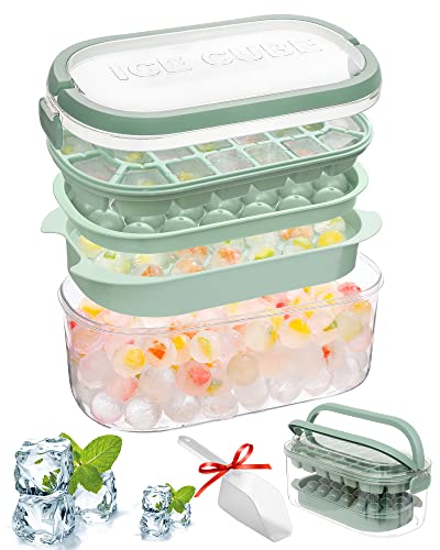 Bac a Glacon avec Couvercle, Moule à Glaçons, 54PCS Ice Cube(Rond&Grid) Fiambrera Grand RéCipient Sans BPA Pour Café Nourriture Cocktails Whisky-Vert