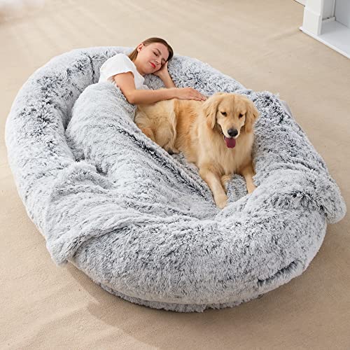 Fragess – Grand lit style coussin de chien, taille humaine, pour adultes et animaux domestiques (peluche grise)