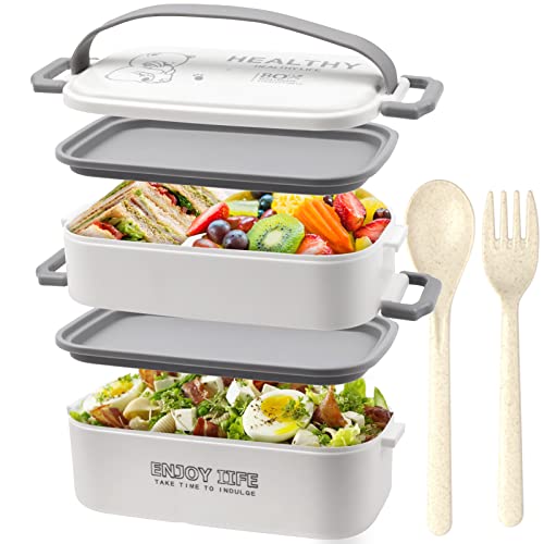 OITUGG Lunch Box 2 couches - 1900ml Bento Lunch Box - Lunch box 3 compartimentée - Lunchbox avec couverts et 2 pièces compartiment réglable, Sans BPA, Passe au micro-onde, Résistant à la fuite, Blanc