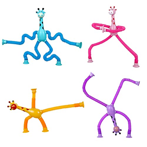 4 Pack Jouets à Ventouse Girafe, Jouet de Girafe à Ventouse Télescopique,Tube télescopique Girafe à Changement de Forme, Jouets Éducatifs Anti-Stress pour Enfants (Pas de lumières)