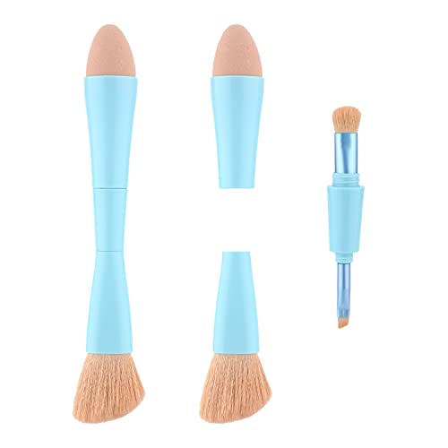 Pinceau de maquillage 4 en 1, Pinceau de Maquillage Portable Détachable Pinceau de Maquillage Multifonctionnel pour Un Maquillage Parfait Adapté Aux Voyages (Bleu)