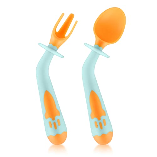 1 Ensemble Cuillère et Fourchette pour Bébé, Poignée Pliable Cuillère et Fourchette Enfant Sans BPA Longue Durée Cuillère en Silicone pour Bébé pour Bébés de 6 à 18 Mois (Bleu)